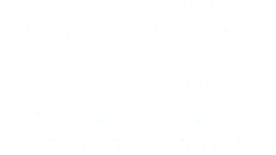 What to know before your class!!! Please make sure you leave yourself enough time to find us - Due to safety reasons we are not signposted from the road If you are more than 10 minutes late and miss the warm up, we cannot allow you in to join the class Please do not moisturise the night before or the morning of your class, this will only cause you to slip and could put yourself or another student at risk of injury Clothing - please wear comfortable clothing to warm up in and you will need a pair of shorts to grip the pole 